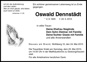 Traueranzeige von Oswald Dennstädt von Neue Presse Coburg