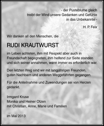 Traueranzeige von Rudi Krautwurst von Südthüringer Presse