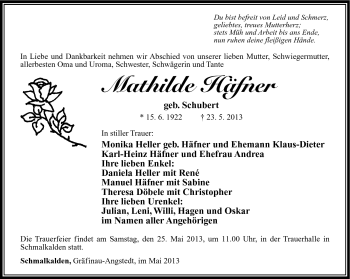 Traueranzeige von Mathilde Häfner von Südthüringer Presse