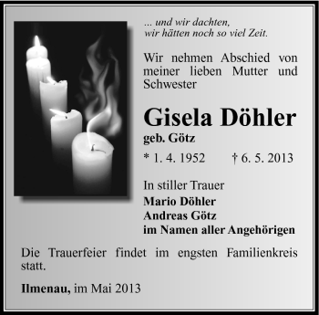 Traueranzeige von Gisela Döhler von Südthüringer Presse