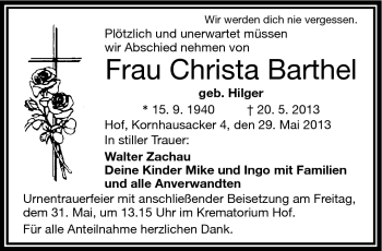 Traueranzeige von Christa Barthel von Frankenpost