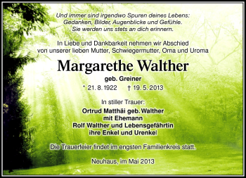 Traueranzeige von Margarethe Walther von Südthüringer Presse