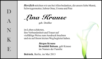 Traueranzeige von Lina Krause von Südthüringer Presse