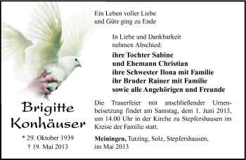 Traueranzeige von Brigitte Konhäuser von Südthüringer Presse