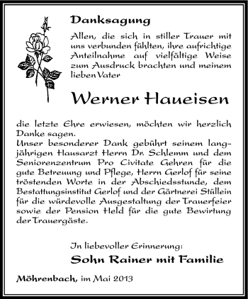 Traueranzeige von Werner Haueisen von Südthüringer Presse