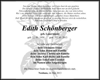 Traueranzeige von Edith Schönberger von Südthüringer Presse