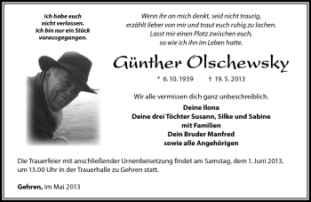 Traueranzeige von Günther Olschewsky von Südthüringer Presse