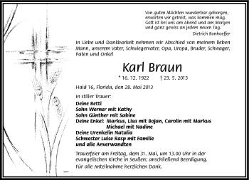 Traueranzeige von Karl Braun von Frankenpost