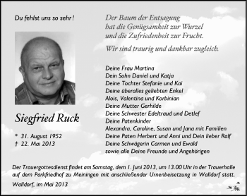 Traueranzeige von Siegfried Ruck von Südthüringer Presse