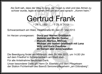 Traueranzeige von Gertrud Frank von Frankenpost