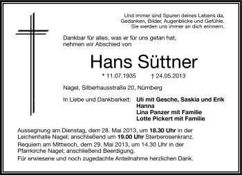 Traueranzeige von Hans Süttner von Frankenpost