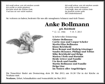 Traueranzeige von Anke Bollmann von Südthüringer Presse