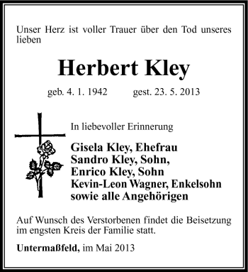 Traueranzeige von Herbert Kley von Südthüringer Presse