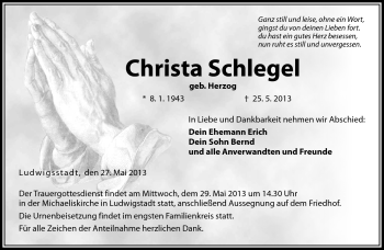 Traueranzeige von Christa Schlegel von Neue Presse Coburg