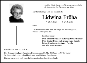 Traueranzeige von Lidwina Fröba von Neue Presse Coburg