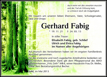 Traueranzeige von Fabig Gerhard von Südthüringer Presse