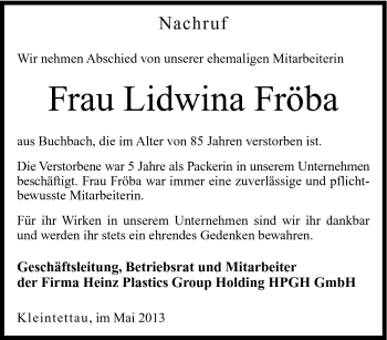 Traueranzeige von Lidwina Fröba von Neue Presse Coburg