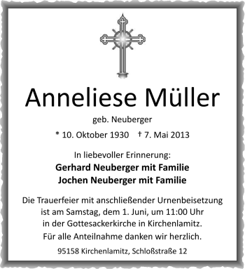 Traueranzeige von Anneliese Müller von Frankenpost