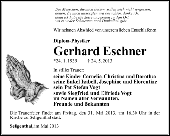 Traueranzeige von Gerhard Eschner von Südthüringer Presse
