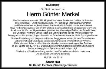 Traueranzeige von Günter Merkel von Frankenpost