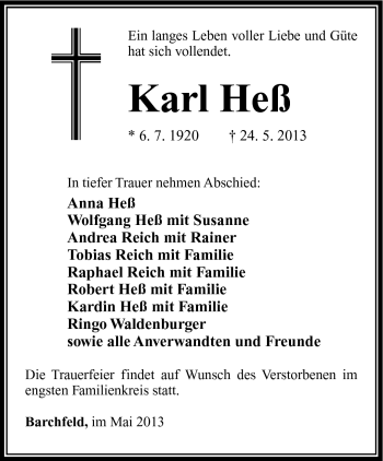 Traueranzeige von Karl Heß von Südthüringer Presse