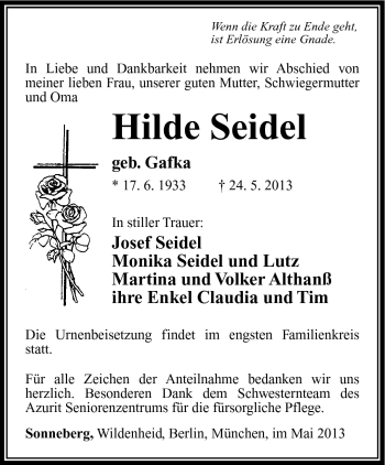 Traueranzeige von Hilde Seidel von Südthüringer Presse