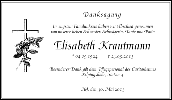 Traueranzeige von Elisabeth Anna Krautmann von Frankenpost