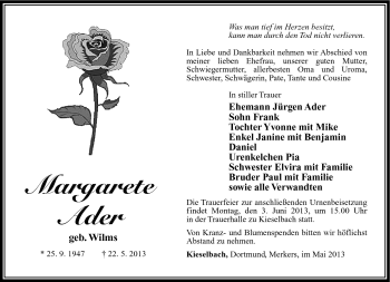 Traueranzeige von Margarete Ader von Südthüringer Presse