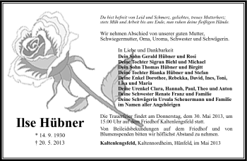 Traueranzeige von Ilse Hübner von Südthüringer Presse