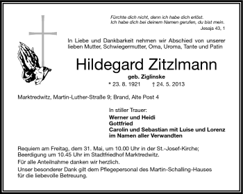 Traueranzeige von Hildegard Zitzlmann von Frankenpost