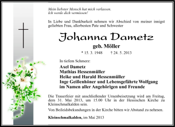 Traueranzeige von Johanna Dametz von Südthüringer Presse