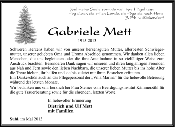 Traueranzeige von Gabriele Mett von Südthüringer Presse