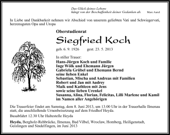 Traueranzeige von Siegfried Koch von Südthüringer Presse