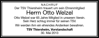 Traueranzeige von Otto Welzel von Frankenpost