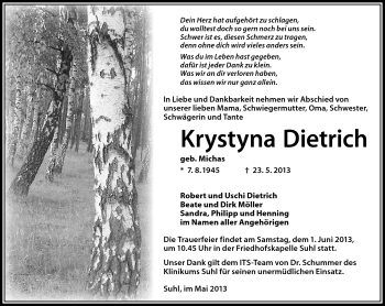 Traueranzeige von Krystyna Dietrich von Südthüringer Presse