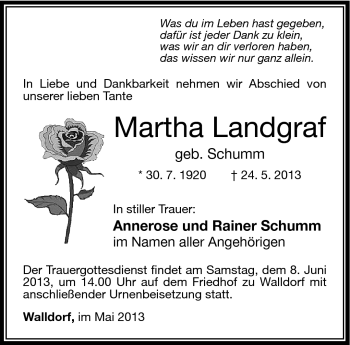 Traueranzeige von Martha Landgraf von Südthüringer Presse