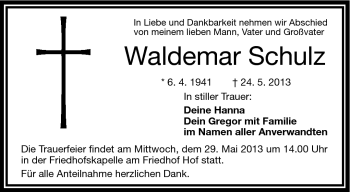 Traueranzeige von Waldemar Schulz von Frankenpost