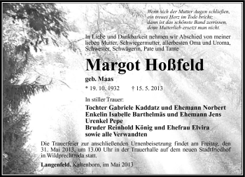 Traueranzeige von Margot Hoßfeld von Südthüringer Presse