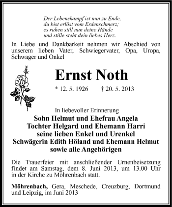 Traueranzeige von Ernst Noth von Südthüringer Presse