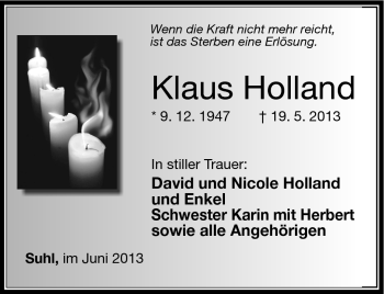 Traueranzeige von Klaus Holland von Südthüringer Presse