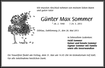 Traueranzeige von Günter Max Sommer von Frankenpost