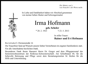Traueranzeige von Irma Hofmann von Neue Presse Coburg