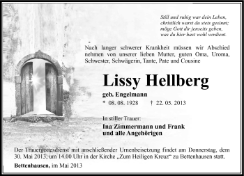 Traueranzeige von Lissy Hellberg von Südthüringer Presse