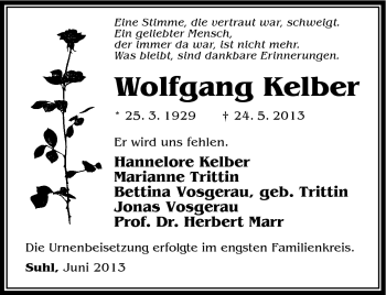 Traueranzeige von Wolfgang Kelber von Südthüringer Presse