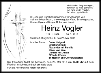 Traueranzeige von Heinz Vogler von Frankenpost