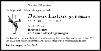 Traueranzeige von Irene Lutze von Südthüringer Presse