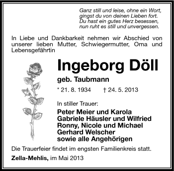 Traueranzeige von Ingeborg Döll von Südthüringer Presse