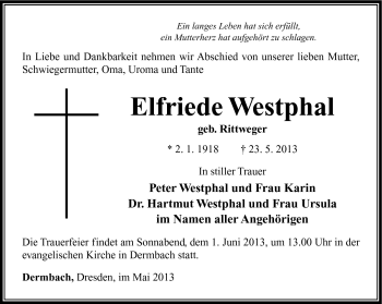 Traueranzeige von Elfriede Westphal von Südthüringer Presse