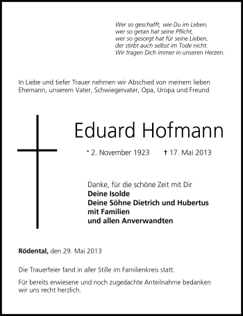 Traueranzeige von Eduard Hofmann von Neue Presse Coburg