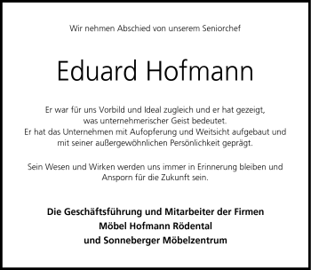Traueranzeige von Eduard Hofmann von Neue Presse Coburg